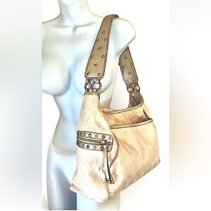 🦋PRITZI🦋 LOGO FABRIC & FAUX LEATHER METALLIC TRIM CRYSTAL STUDS 8 POCKET PURSE